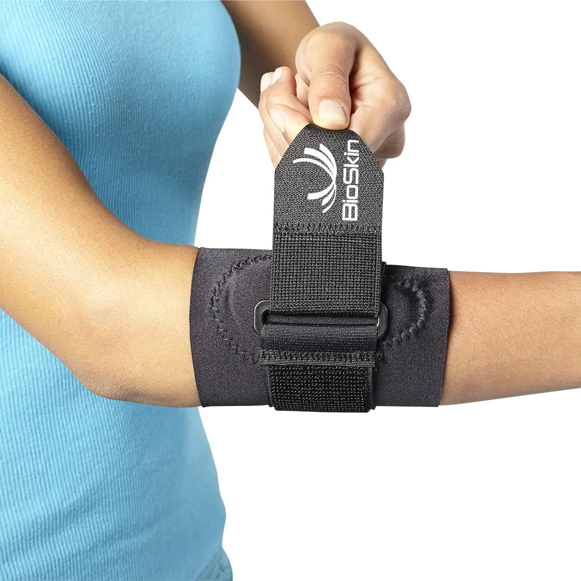 BioSkin Hypoallergenic Elbow Band with Compression Pad and Supportive Strap for Pain Relief from Tennis Elbow and Golfers Elbow (Large)